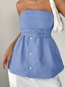 INAWLY Women's Casual Woven Striped Front Ruched Hem Button Down Regular Fit Blouse, Summer - Blue - View 3