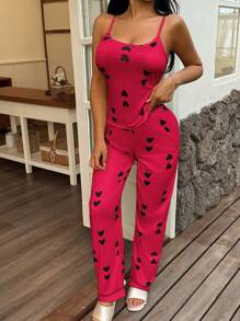 SHEIN 女士心形图案针织吊带背心和休闲裤睡衣套装，四季皆宜，舒适穿着 - 紅色 - 查看 4