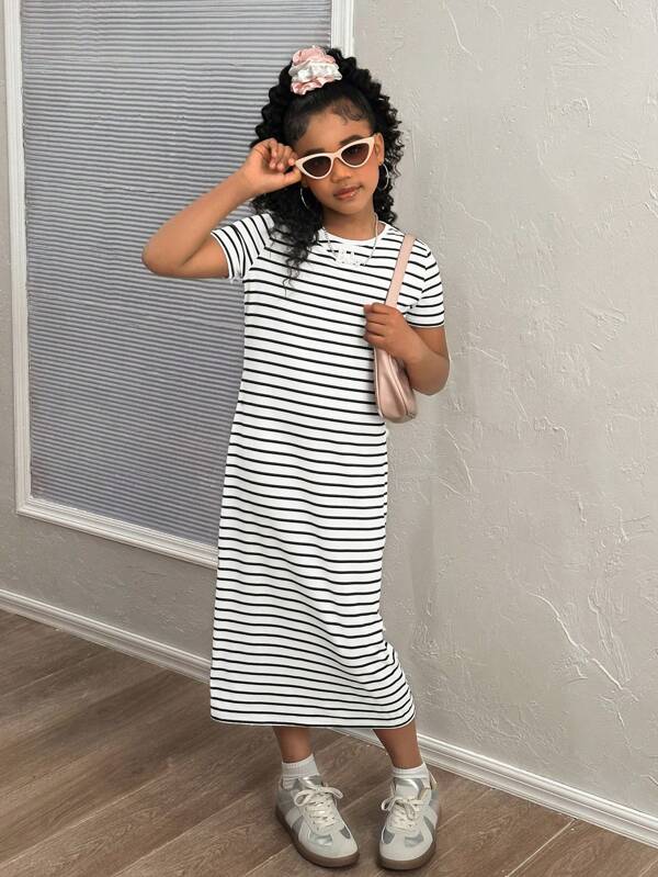 Tween Girls Striped Loose Knitted Casual Everyday Versatile Fashion Dress Casual Dress Girls