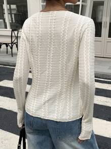 DAZY 女式夏季圆领收腰长袖针织上衣，带 3D 花朵装饰 - 白色 - 查看 2