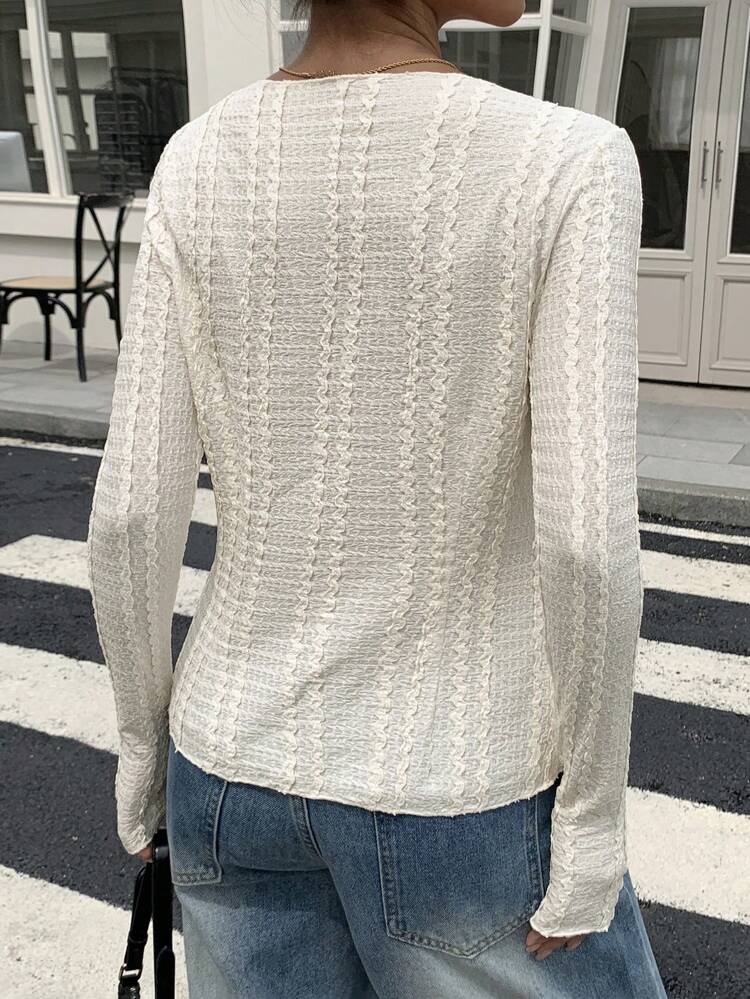 Women's Summer Round Neck Waisted Long Sleeve Knit Top With 3D Flower Decor