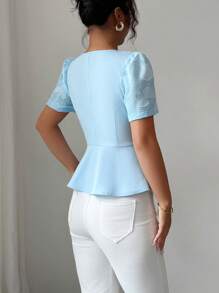 Elenzga Damen Sommer Blumen Jacquard Vorderteil mit Schleife, Bubikragen Kurzarm Bluse - Blau - Übersicht 2