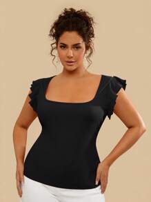 Travachic Top ajustado y corto de mujer talla grande de color rojo sólido con mangas abullonadas, estilo tropical casual de vacaciones