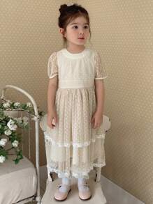 DAZY Young Girl Round Neck Short Sleeve Casual Dress, Summer - Apricot - View 5