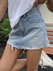 DAZY Women's Summer Frayed Hem Skirt, Casual Street Style Denim Mini Skirt,Back To School Clothes Jeans Skirt - Light Wash - View 8