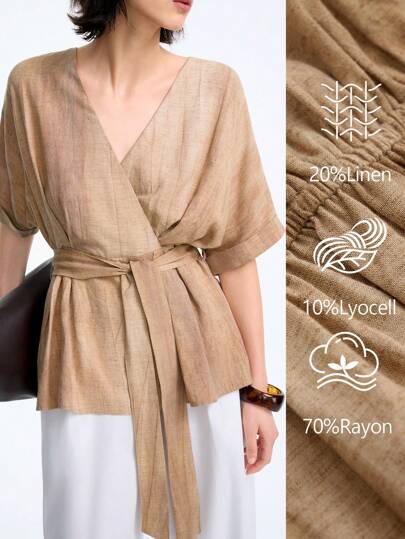 Aalyst Women's Elegant French Minimalist Luxurious Casual Blouse In Light Linen-Blend Crossover V-Neck With Pleated Front And Rolled Sleeve Cuffs, Relaxed Fit For Work And Holiday
