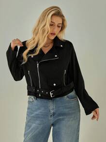 SHEIN Essnce 大码仿麂皮摩托夹克，秋冬季保暖 - 黑色 - 查看 8