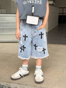 Pantalones cortos vaqueros desgastados con diseño de cruz gótica urbana de estilo callejero casual para niños jóvenes, cintura elástica, botón delantero, bajo deshilachado