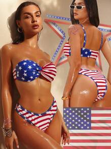 Glamine 2 Stück/Set Digital bedruckter USA Flaggen Muster Bikini, Urlaubs Badeanzug Set für den 4. Juli - Verschiedenfarbig - Übersicht 1