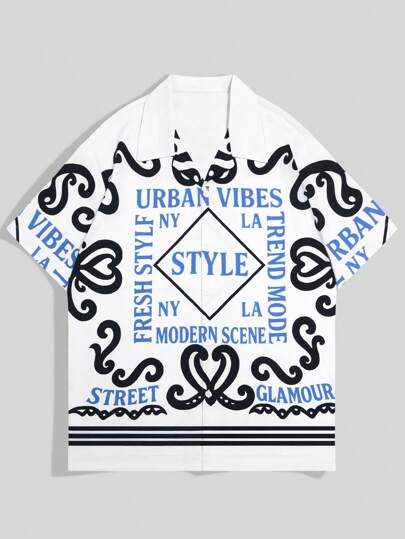 Street Life Herren Lässiges Hemd mit Buchstabe Muster, Knopfleiste, Kurzarm, Sommer