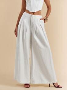 SHEIN BAE Women's White Solid Color Twill Pleated Pocket Simple Low Waist Trousers, Suitable For Commuting, Leisure, Fashion Going Out, Retro Style, Office Wear, Autumn Women's Pants, Wide Leg Pants, Casual Pants, Loose Wide Leg Pants,Fall Clothes ,Back To School,Old Money Style Women,Stockholm Style,Business Casual Woman