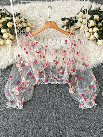 DreamSkyne Plus Size Off Shoulder Floral Mesh Embroidery Sheer Loose Elegant Summer Fashion Puff Sleeve Long Sleeve Lace Cover Up