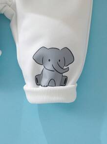SHEIN 新生婴儿休闲日常可爱大象印花长袖连帽衫和裤子套装，适合外出、居家休闲和拍照 - 白色 - 查看 6