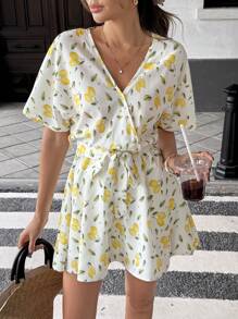 Pariaura Women's Summer Beach Vacation Style Full Print Lemon Pattern Surplice Neck Cinched Waist Dress - Yellow - View 7