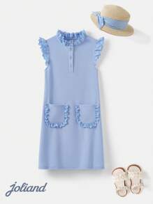 Joliand Joliand 1 pieza Vestido de línea A sin mangas con volantes y bordado elegante para niñas preadolescentes, adecuado para viajar, fiestas, playa, verano