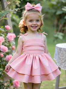 SHEIN فستان جينز عام مريح للأطفال البنات زر خلفي واسترخاء مع كشكشة على الهيمة