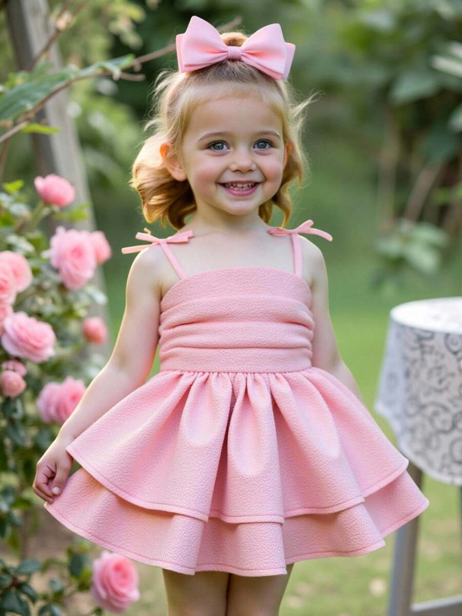 SHEIN فستان جينز عام مريح للأطفال البنات زر خلفي واسترخاء مع كشكشة على الهيمة