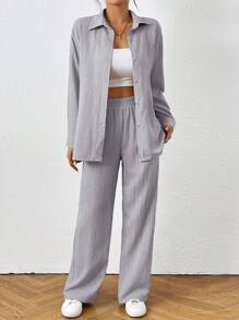 SHEIN PETITE 2 件套女士纯色纹理面料长袖衬衫和宽松裤子套装，夏季