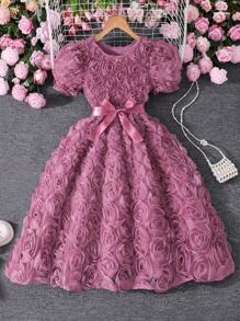 Vestido de verano elegante para niñas con mangas abultadas, cintura entallada y estampado floral de unicolor