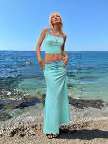 SHEIN ICON Bộ áo yếm màu tương phản Hawaii Teal cho kỳ nghỉ hè & váy ngắn bó cạp thấp - Màu xanh Bạc hà - Xem 1