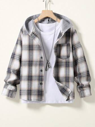 SHEIN Tween Boy Plaid Print Hooded Shirt Without Tee