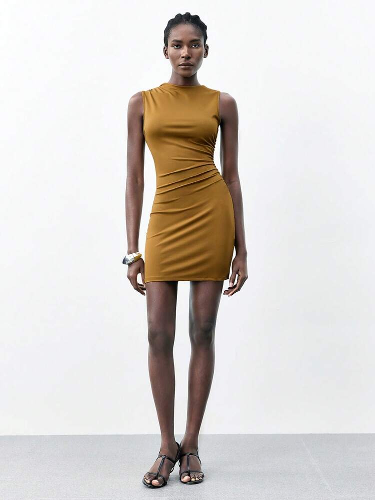 SHEIN Maija 2025 Summer New Yellow Waist Ruched Tea Party Dress, Elegant Modern Leisure Party/Holiday/Office/Beach/Brunch/Graduation Wear