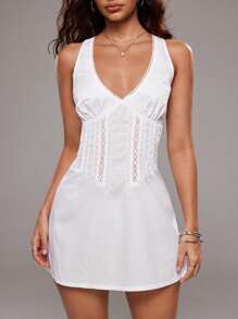 TRNVIE White Lace Patchwork V-Neck Tie Waist Sleeveless Mini Beach Dress For Women, Summer - White - View 5