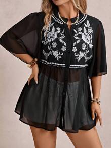 Freevana Camisa larga de chifón negro con bordado en el pecho, estilo país y música country para mujer de talla grande, ideal para festivales, conciertos, Nashville, Ibiza, estilo bohemio, campestre, vaquera, cottage core y salidas