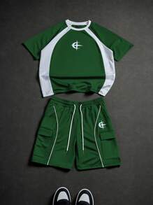 Manfinity Streetrush Set de 2 piezas de camiseta y shorts casuales de verano de hombre con bloques de color