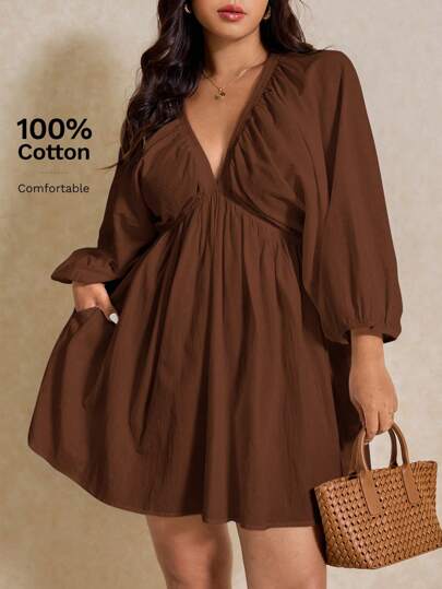 Elaquor Vestido corto con cuello en V y mangas 3/4 de moda para mujer talla grande