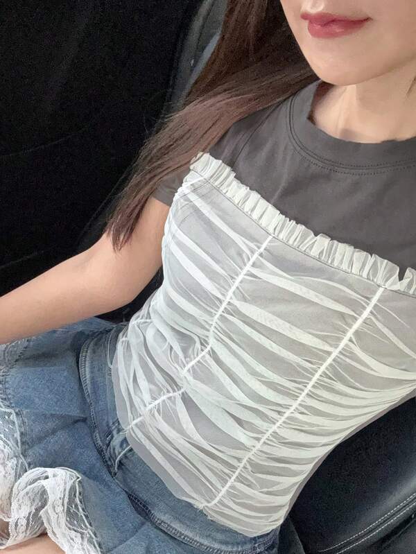 FRIFUL Tricou de vară dulce pentru femei, cu guler rotund, model plasă, mânecă scurtă