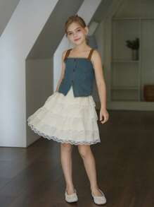 SHEIN Tween Girls Wildeya Layered Lace Ruffle Hem White Skirt, Fashionable Classic Versatile Design Suitable For Summer Outdoor Activities, Daily Themed Events, Music Festivals, Parties And Other Social Occasions