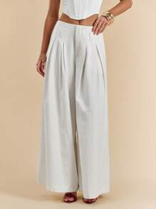 SHEIN BAE Women's White Solid Color Twill Pleated Pocket Simple Low Waist Trousers, Suitable For Commuting, Leisure, Fashion Going Out, Retro Style, Office Wear, Autumn Women's Pants, Wide Leg Pants, Casual Pants, Loose Wide Leg Pants,Fall Clothes ,Back To School,Old Money Style Women,Stockholm Style,Business Casual Woman