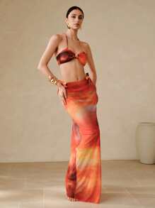 Swim Oasis Set de 3 piezas, Conjunto de bikini y falda con estampado de puesta de sol, decoración de metal fruncido y correa para el hombro desmontable, conjunto de verano para la playa - Multicolor - Ver 3