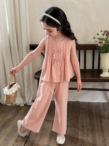 SHEIN LMoss Kids 青少年女孩休闲日常度假学院风粉色圆领褶饰吊带背心搭配宽松直筒裤套装，开学季 - 粉色 - 查看 4