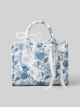 Kawaii Damen Mode Muschelprint Schleifendekor Handtasche für den Urlaub