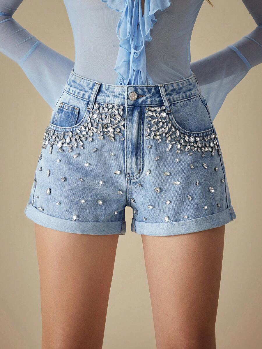 Selenza Rhinestone Embellished Luxury Denim Shorts - Light Wash - View 1