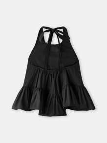 SHEIN Maija Top de mujer de estilo urbano suelto con volantes en el bajo, sin espalda y con cuello halter, versátil para uso casual, de negocios, vacaciones, invitada de boda, sin tirantes - Negro - Ver 9