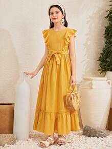 SHEIN Tween Girl Casual Holiday Ruffle Cap Sleeve Round Neck Splice Dress, Woven Fabric, Long Style - Yellow - View 5