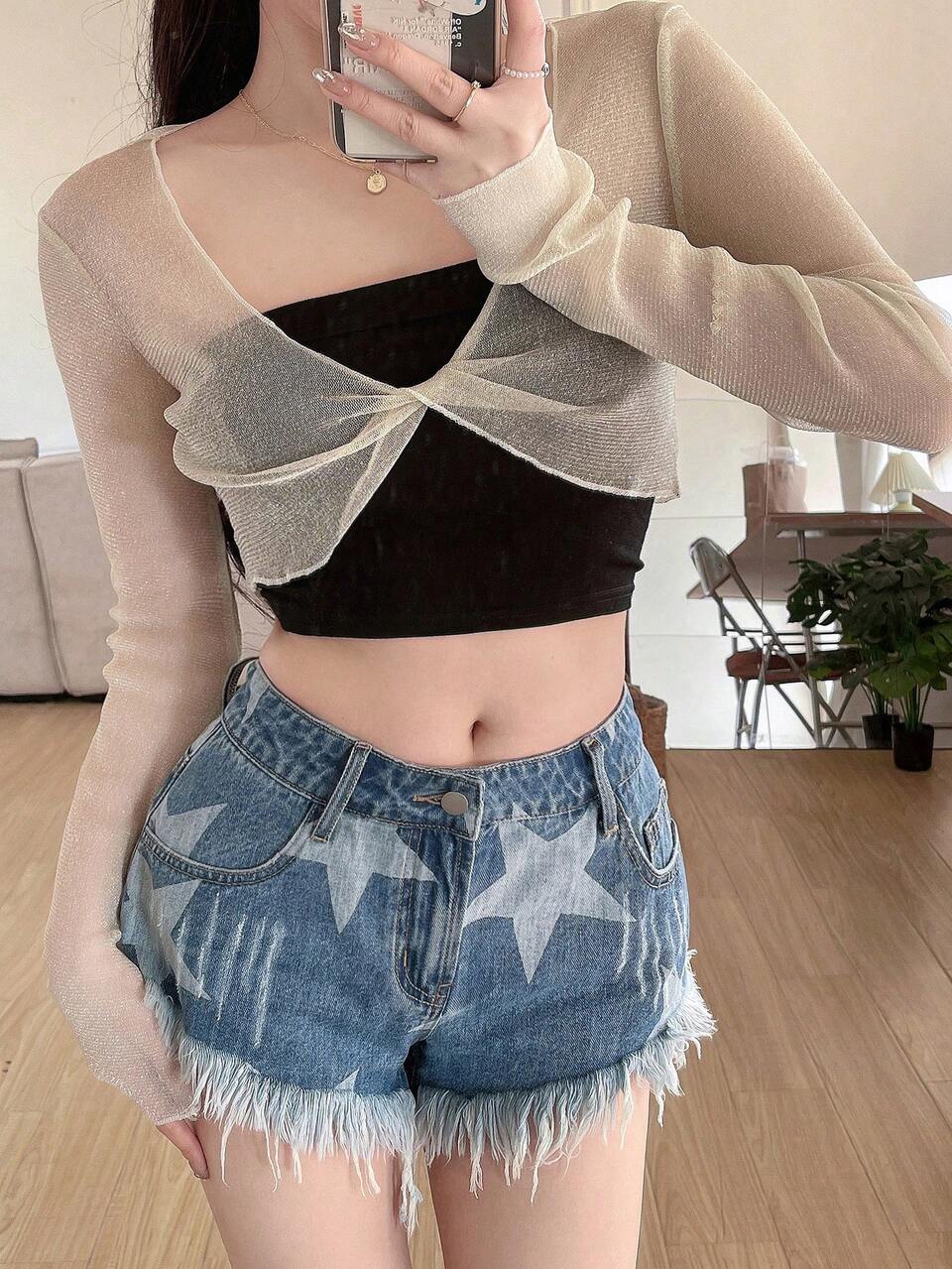 Apricot,Summer,Seksi Chic,Night Out Solid Twist Front Crop Mesh Top,Sheer Long Sleeve Women Tops, Beach Outfits,Fall Back To School Clothes