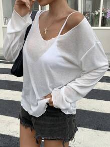 DAZY Women's Loose Deep V-Neck White Long Sleeve Sheer Casual Street Wear T-Shirt, Summer,Back To School Clothes,Fall Women T-Shirt