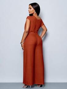 SOLERSUN 四季女装通勤优雅日间出游休闲简约杏色露肩不对称领口肩部褶皱短袖阔腿连体裤 - 棕色 - 查看 2