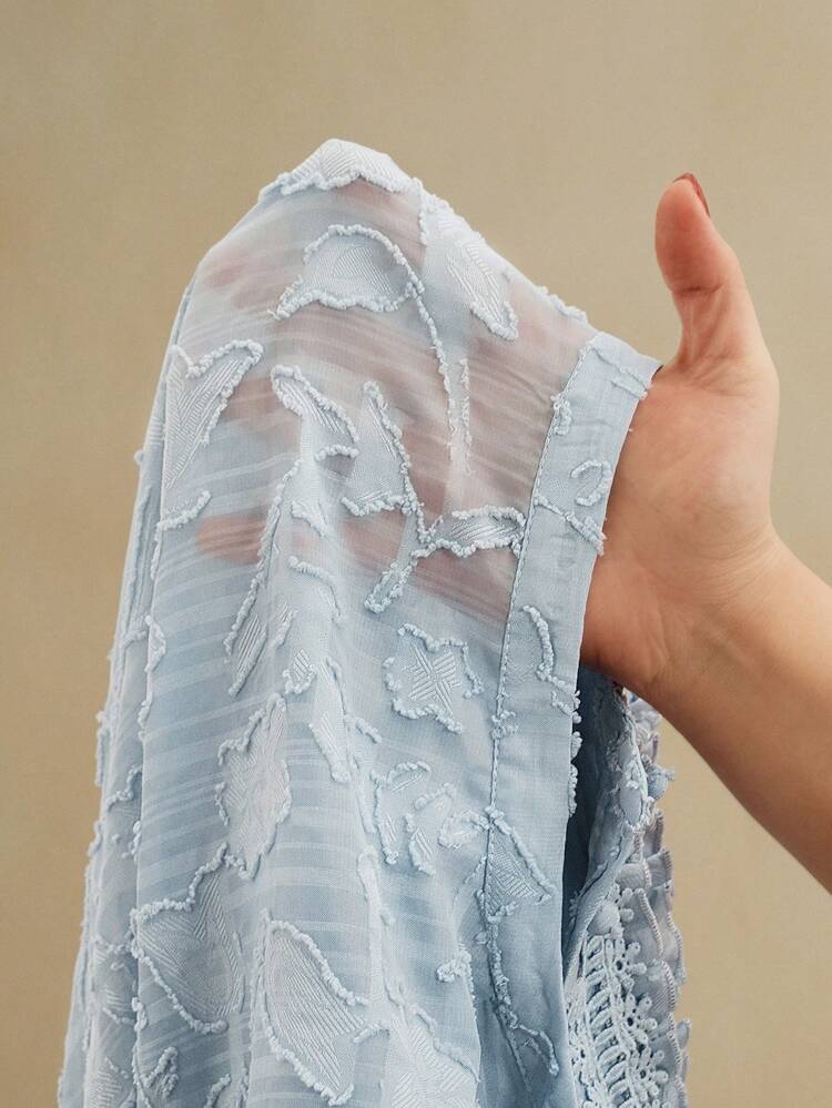 Crew Neck Textured Fabric Ruffled Edge Transparent Elegant Modern Romantic Blouse Top For Women, Spring/Summer