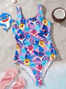 BABY SHARK X SHEIN Damen Urlaubs-Familien-Outfit rosa Hai Palmen Muster Badeanzug, Strand Urlaubs Cartoon Muster lässiger Sommer Badeanzug