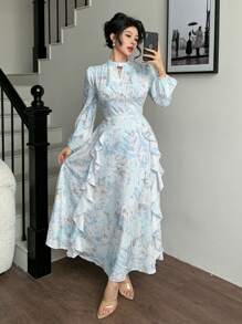 Modelyn 女士优雅浪漫花卉印花褶饰胸前荷叶边下摆连衣裙 - 淺藍色 - 查看 3