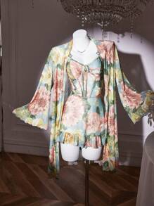 Slumberist 时尚花卉印花蕾丝下摆吊带睡裙和睡袍套装 - 彩色 - 查看 4