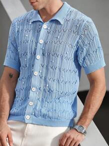 Manfinity Homme Men's Faux Pearl Decor Short Sleeve Hollow Out Single-Breasted Knit Sweater,Baby Blue Summer Elegant Vacation Crochet Shirt Knitted Shirts For Men - Blue - View 3