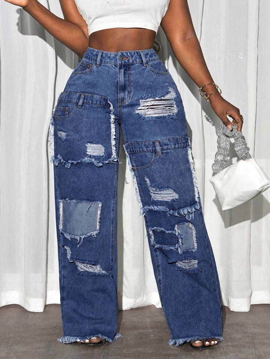 Quần jeans rách dạo phố thường ngày cỡ lớn cho nữ - Rửa trung bình - Xem 1
