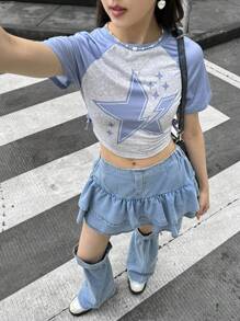 SHEIN 少女撞色五角星印花插肩短袖T恤和荷叶边下摆休闲迷你裙套装 - 藍色 - 查看 7