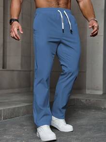 Manfinity Homme Pantalones casuales de verano para hombres de unicolor, con cintura elástica, cordón y bolsillos